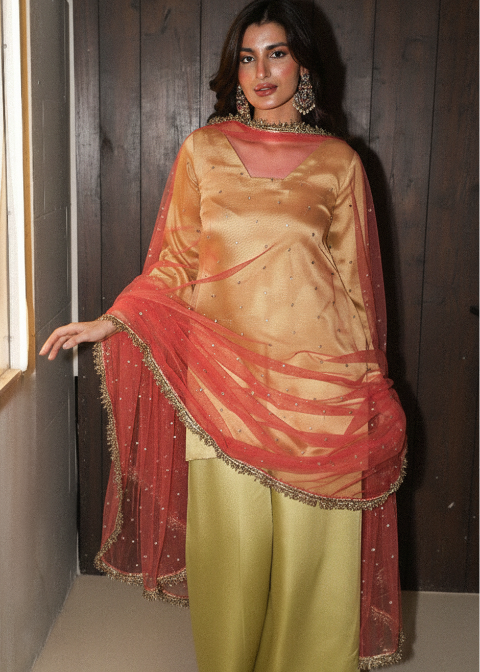 Woman wearing a traditional outfit with a gold top and green pants, standing against a wooden wall.